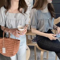 여성 스퀘어넥 셔링 체크 패턴 반팔 그린 티셔츠 여성용 캐주얼 무지 데일리 기본 여자기본