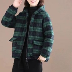 AOKADA 여성 가을 겨울 체크 후드 지퍼 누빔 숏 패딩 점퍼 아웃도어