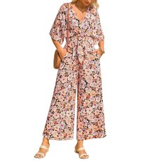 Yousify 여성용 캐주얼 여름 꽃무늬 점프수트 반소매 와이드 레그 롱 팬츠 롬퍼 원피스 해변 휴가 의상 블랙 프린트. 스몰