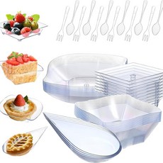 迷你塑膠點心盤組，附叉勺，派對婚禮用，一次性透明塑膠盤套裝, 四款碟子各25個裝+勺子50叉子50, 1個