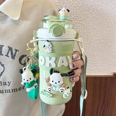兒童保溫瓶 庫洛米水壺635ML 316不銹鋼保溫瓶 大容量可愛兒童水瓶, 1個, 綠色635ML【保溫杯 可斜挎】,推薦@  單杯+3D貼款式隨機發+掛件
