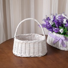 [3+1] 라탄 원핸들 화이트 꽃바구니 26cm 조화 꽃꽂이 인테리어 장식 소품, 1개