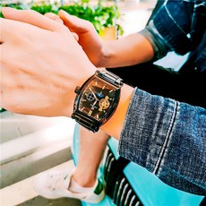 奧古拉斯自動手錶男，鏤空夜光防水月相陀飛輪機械錶，酒桶型商務休閒男錶, 黑鋼黑面金字 鋼帶款, 1個