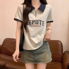 撞色POLO領短袖上衣，拉鍊設計，夏季女裝寬鬆顯瘦T恤