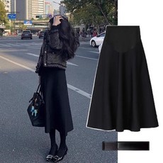 티류으스 여성 가을 겨울 임산부 미디 스커트 A라인 드레이프 복대형 배꼽지원 슬림핏 롱 치마 WY(1)