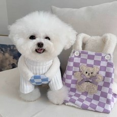 寵物衣服秋冬新款加絨加厚小熊格子背帶褲泰迪比熊狗狗貓咪保暖褲P3J2, 藍格褲子不含打底,l背長34建議4-5公斤, 1個