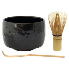 Aika 藍花 鋏取陶瓷 琳泉 抹茶碗 + 茶筅 + 茶杓 3件組, 1個, 黑漆
