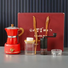 咖啡壺禮盒套裝，操作簡單，精巧設計不佔空間，在家輕鬆享受專業咖啡, 大礼盒版【典藏红白摩卡壶6件套装】, AL743677999376