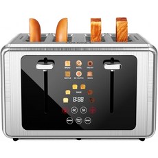 WHALL 터치 스크린 토스터 4조각 1.5인치 와이드 슬롯 6가지 그늘 설정 및 빵 종류 메모리 기능 카운트다운 타이머 브러시드 스테인리스 이상적인 주방 선물