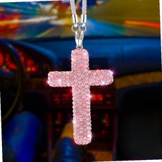 차량 룸미러 장식 핑크 크리스탈 십자가 펜던트 신앙 기도 인테리어 액세서리 종교, 1개, 실버