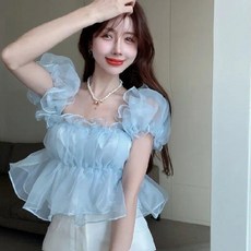 夏季一字肩雪紡上衣，法式泡泡袖，甜美設計感，辣妹款