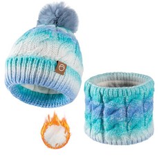 Bodvera 여성용 겨울 비니 모자 스카프 세트 보온 플리스 안감 폼폼 따뜻한 니트 넥 추운 날씨 2 In1 레인보우 단일 사이즈 159470, 2 In1 블루