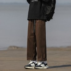 復古純色休閒褲 - 純棉百搭抽繩運動褲 美式直筒工裝褲