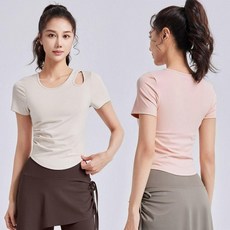 반팔 셔링 요가복 어깨펀칭 디자인 홈트레이닝 실내운동용 데일리 상의, 아이보리, M