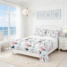 ECLATIS Homewish 해안 침대 시트 트윈 사이즈 스케치 쉘 코랄 프린트 침구 세트 3피스 어린이 소녀 소년 청소년 방 장식 블루 스트라이프 격자무늬 매트리스 커버, 멀티 03