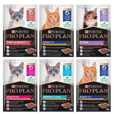 PURINA PRO PLAN 冠能 主食貓餐包 85g 12包組 幼貓 成貓 熟齡貓 多種口味組合 毛髮護理 腸胃敏感照護, 12個, 敏感膚質照護及腸胃保健, 混合口味