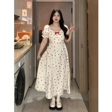 少女夏季法式風彩色波點收腰長連衣裙