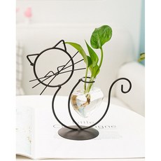 (가로형)인테리어 수경 식물 하트 꽃병 고양이 모양 철제 투명 유리화분 화병+250ml 물조리개, 하트유리병만(철재미포함)1개