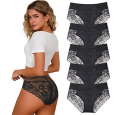 Cinvik 여성용 레이스 속옷 여성용 섹시 속옷 플러스 사이즈 레이스 팬티 레이스 노쇼 섹시 하이 웨이스트 속옷 5개-블랙 2XL