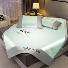 全店精選 冰絲涼席可水洗機洗夏季艾草軟席子床單三件套2025新款學生宿捨, 【冰晶涼蓆】水雲間-綠,0.9m*2.0m【涼蓆+枕套】