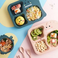 식사 훈련 분리형 칸막이 접시 바닥 흡착 미끄럼 방지 안전 소재 어린이 식판, 1개, 1공룡식판세트-그린