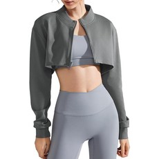 FEOYA 여성용 크롭 운동 재킷 긴소매 집업 애슬레틱 탑 체육관 요가 크롭 탑 하프 스웨트셔츠 러닝 재킷 회색. XL