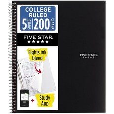 Five Star Spiral College 노트 줄 5 주제 200장 27.9cm(11인치) 용지 x 21.6cm(8-1/2인치) 유선, 블랙, 1개입