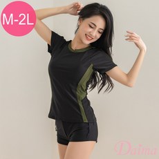 Daima黛瑪 女款兩件式短袖泳裝附泳帽 黑色 流線顯瘦版型 防飛綁帶設計 M-2L