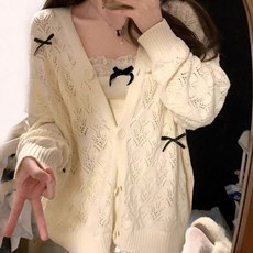 지고다그 여성 봄여름 브이넥 펀칭 니트 리본 포인트 루즈핏 데일리 가디건 LJM1041