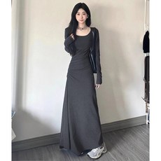 투니스 여성 단색 슬림 웨이스트 긴소매 롱 원피스