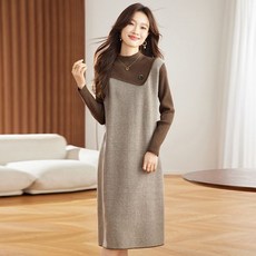 ORZQU 봄가을 여성 원피스 루즈핏 배색 반폴라 미디 니트 스커트