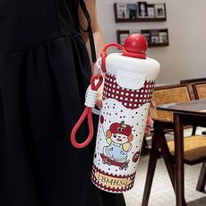 新款可愛卡通動物浮球杯316不鏽鋼保溫杯學生兒童便攜提繩吸管杯, 1個, 二代趣動--紅色:600ml