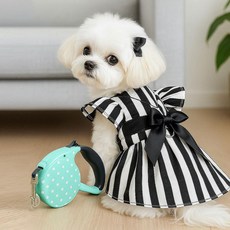 비오스리빙 BNP 3019 블랙 줄무늬 리본 하네스 원피스+자동리드줄세트 5M 강아지 고양이 원피스 드레스, 블랙_화이트 S