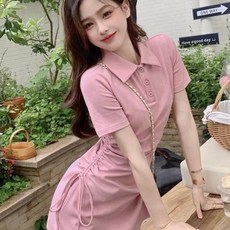 데이트룩 캐주얼 반팔 카라 셔링 슬림핏 여름 여성 미니원피스
