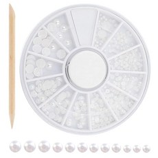 atrico (아트리코) 바닥 평평 화이트 펄 스톤 3가지 사이즈 (케이스와 우드 스틱 포함) 네일 스톤 네일 파츠 아트 파츠 핸드메이드 수공예 레진 삽입, 1
