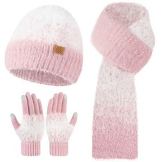 여성용 겨울 비니 모자 스카프 장갑 세트 따뜻하고 부드러운 니트 스컬 캡 롱 터치스크린 3 in 1 세트 여성/남성용 블랙. 단일 사이즈 159424, Pink