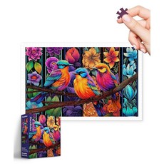 PieceRelax 성인용 플라스틱 직소 퍼즐 1000피스 - Bigelow 일러스트레이션 - 색상 카니발 - 꽃들 사이의 물총새 가장 만족스러운 테이블 게임 및 선물 퍼즐 매, PieceRelax 성인용 플라스틱 직소 퍼즐 1000