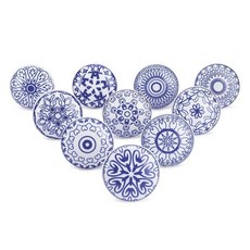 Ajuny 세라믹 손잡이 10개 세트 블루 화이트 프린트 찬장 문 서랍 및 가구 손잡이 주방 캐비닛 욕실 드레서 서랍 핸드메이드 도자기 장식 손잡이, Blue-White