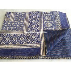 블루 멀티 아즈락 히피 퀸 칸타 퀼트 수제 보헤미안 침대 스프레드 킹 사이즈 야채 염료 담요 커버 보호 퀼팅 인디고 프린트 코튼 90X108 인치, 블루 멀티 아즈락 히피 퀸 칸타 퀼트 수제 보헤미안 침