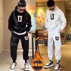 【lin男裝】秋冬韓版運動套裝：時尚帽T衛衣組合，休閒保暖長袖套裝