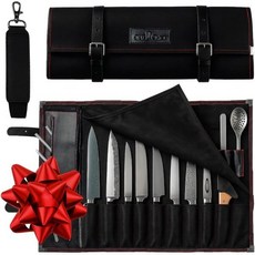 OuiChef 셰프 나이프 백 칼 10개 및 주방용품 수납 가능 - 왁스 캔버스 & 비건 가죽 스트랩이 달린 여행용 케이스 전문 롤백