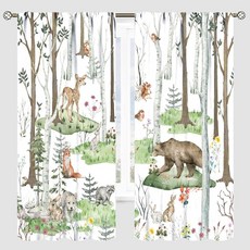 YCness Woodland 동물 커튼 야생 수채화 숲 곰 사슴 여우 토끼 꽃 자연 창문 트리트먼트 침실 주방 아기방 거실 드레이프 106.7 x 114.4cm(42 45