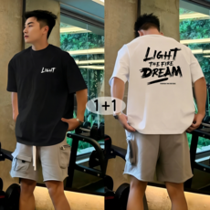 BiimTee 1+1 남성 라운드넥 백 브러시 스타일 글자 프린트 반팔 오버사이즈 티셔츠 운동 데일리 캐주얼 탑