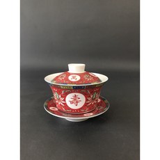 東昇瓷器餐具 紅萬壽無疆三件茶碗 大款, 1個