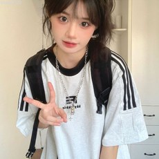 Adidas 愛迪達 夏季寬鬆純棉短袖T恤 顯瘦百搭設計感上衣 米灰色 M 碼