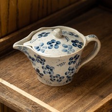 日本製 瀨戶燒 手繪藍染花茶壺 日式復古附濾網泡茶壺, 1個, 藍染花茶壺 配濾網*一件,330ml, 藍染花茶壺
