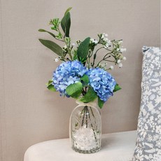 미니 수국 씨유카리 안개 조화 백자갈 화병세트, 블루