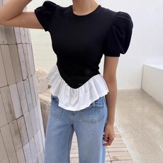 여름 여성용 라운드넥 플레어 소매 티셔츠 디자이너 버블 소매 상의