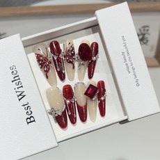 DFMEI 純手工穿戴甲高級氛圍感裸色新年款酒紅色美甲成品可拆卸甲片, 1組, 785細狗:特小號XS