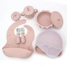 이유식 유아식기 세트 - 흡착 식판 + 흡착볼 + 수저 세트 + 물컵(빨대 스낵컵 포함) + 턱받이, 햇님 연핑크, 1개, 부들부들 이유식기
